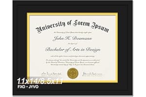 Fxojyvo Black 11x14 Diploma Frame, Display Document 8.5 x 11 with Mat or 11 x 14 Without Mat, Certificate Frame with Black&Gold Mat for Masters Associates Bachelor Degree - 1 Pack