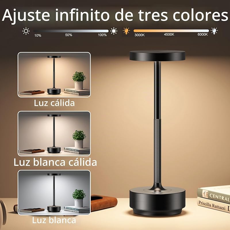Candeeiro de mesa LED sem fios, recarregável, 5000 mAh, 3 modos de luz, uso interior/exterior, bateria de longa duração, lâmpada de mesa portátil USB-C (preto) — foto 2 de 8