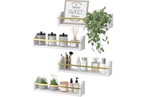 WOPITUES Floating Shelves with Protective Metal Rail, Small Bathroom Shelves Set of 4, Spice Rack Wall Mount, Wood Shelves for Kitchen, Living Room, Bedroom, Nursery Book- Modern White and Gold