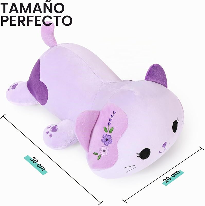 Peluche Gato Kuscheltier Peluche Kawaii Gato Almohada de Peluche Juguetes Plüsch Kätzchen Regalo de Peluche para Adultos Niños 3+ años (Violeta, 30cm)