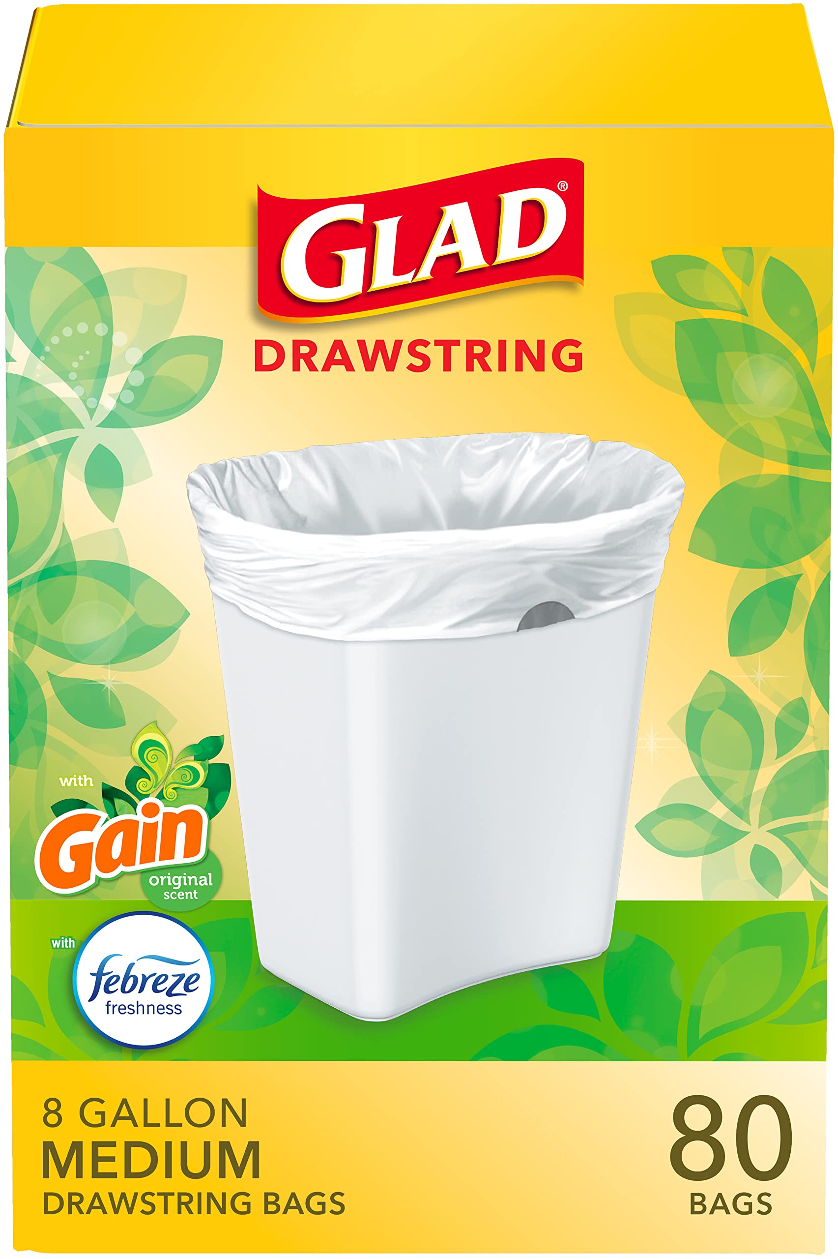 Photo 1 of Glad Medium Trash Bags, 8 Gallon, Gain Original with Febreze Garbage Bags, With Odor Control and Drawstring, 80 Count
