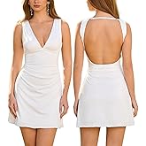 Parthea Womens Summer Bodycon Dress Backless Deep V Neck Ruched a line Party Club Going Out Mini Dresses