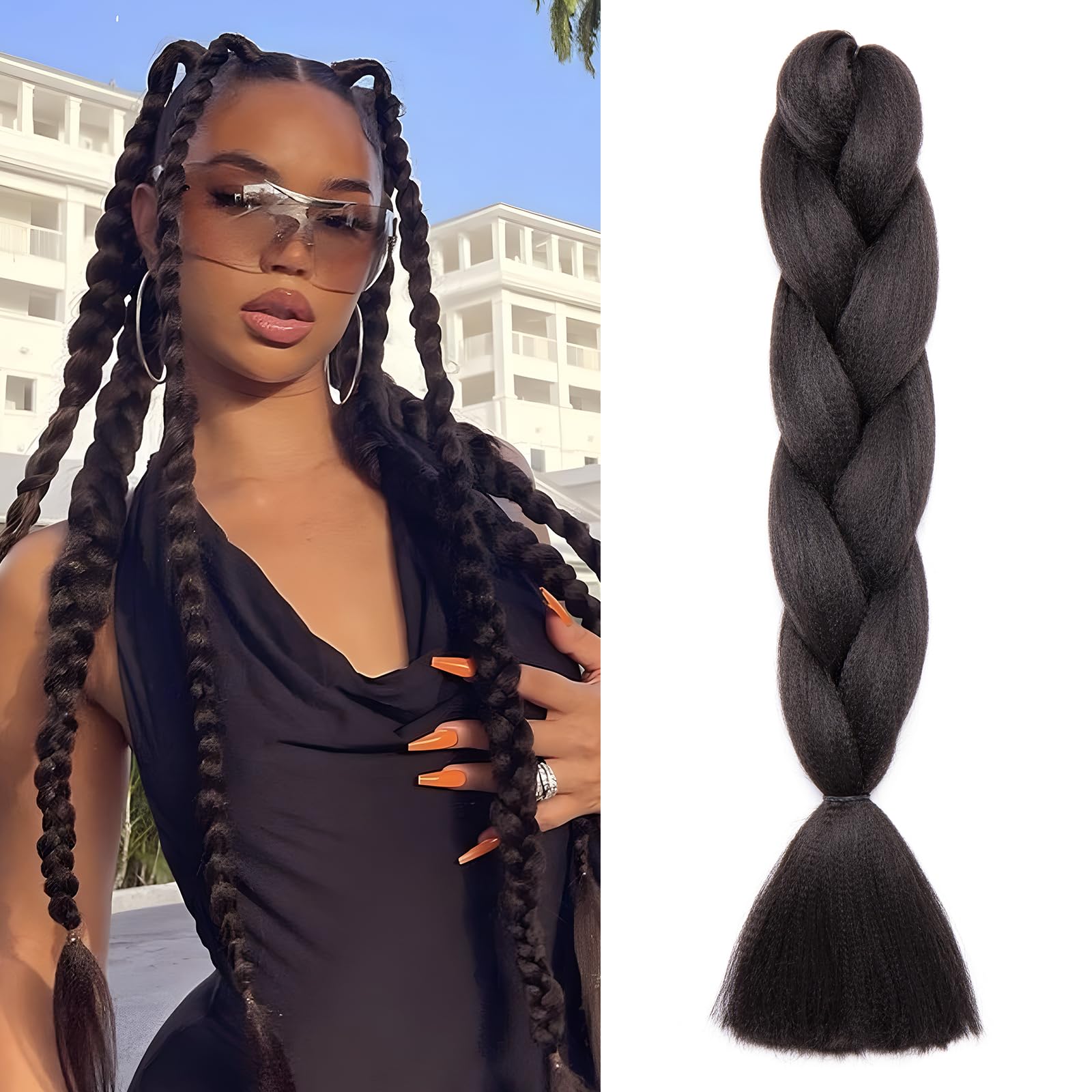 Benehair Braiding Hair Long Braids Extensions Hair 24 Inches Colorful Synthetic Hair for Braid Human Braiding Hair Black Hair Extensions for Women(Black, 100g) — image 1