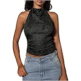 OYOANGLE Women's Glitter Sleeveless Halter Crop Top Tie Backless Fitted Sparkly Party Going Out Tops