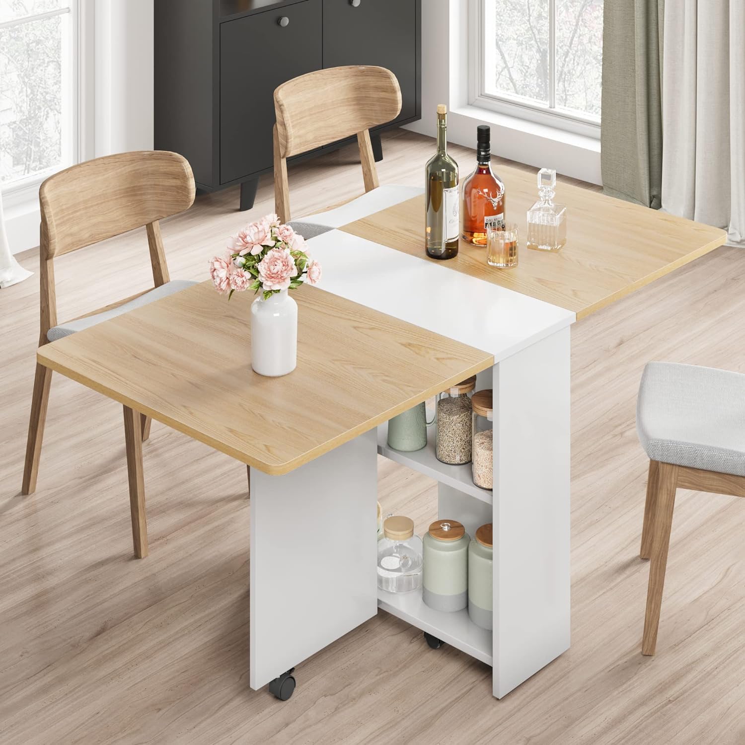 Photo 1 of IDEALHOUSE Folding Dining Table, Drop Leaf Table with 6 Wheels and 2-Layer Storage Shelf, Space Saving Dining Table for Small Spaces (Natural Wood, 47.2" D x 23.6" W x 29.5" H)