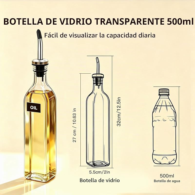 Aceitera de Vidrio, 2PCS 500 ml Botella Dispensadora Aceite con Embudo, — foto 5 de 8