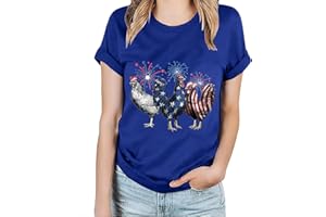 USCHARM Womens 4th of July Shirt Red White and Blue Fireworks Chicken Patriotic Tees USA Flag Rooster Independence Day Tops