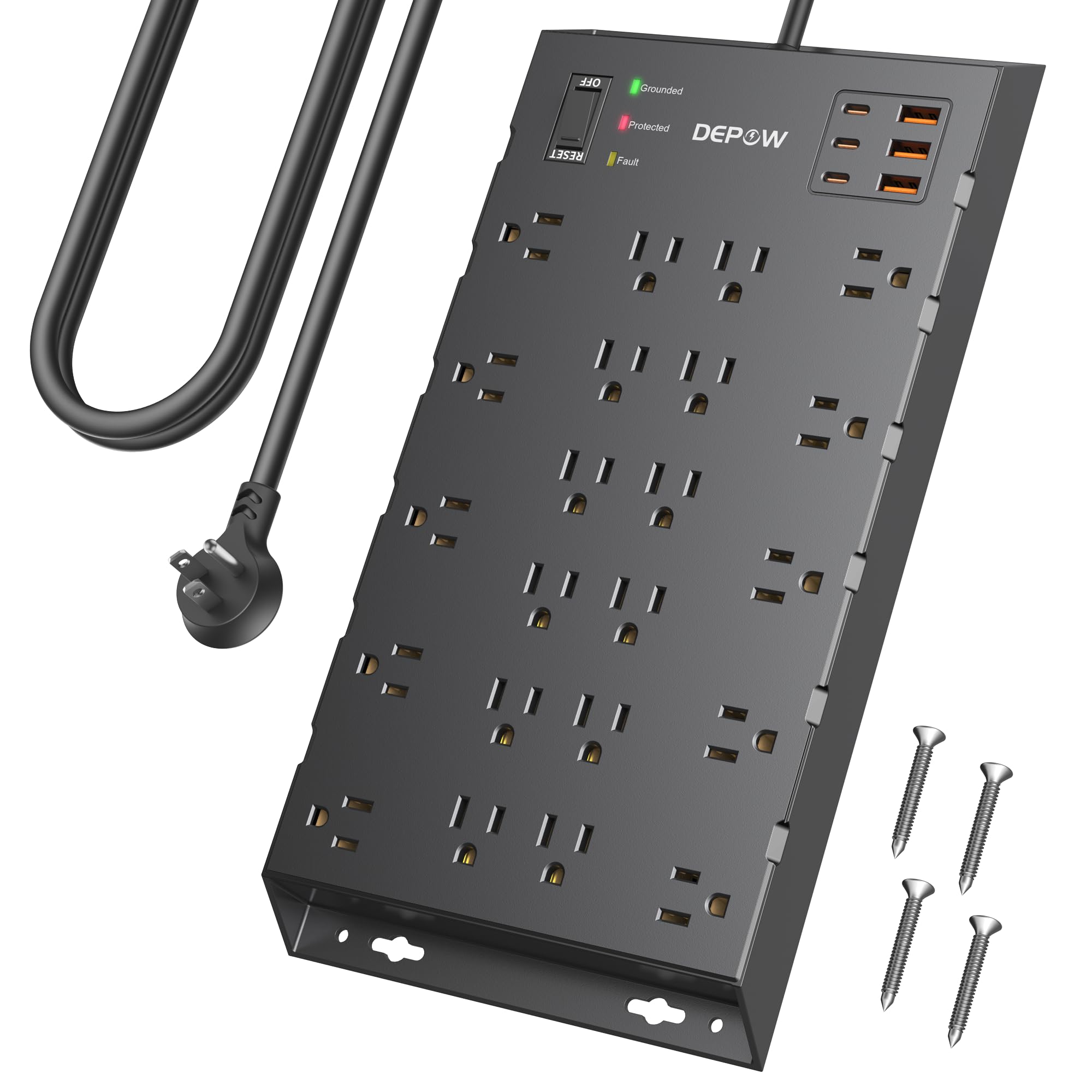 Photo 1 of DEPOW Surge Protector Power Strip, 6.5FT Long Flat Plug Extension Cord with 22 AC Outlets (1875W/15A), 6USBs (3 USB-C Ports), 2100J Surge Protection, Wall Mountable for Gaming, Office, Home, Black