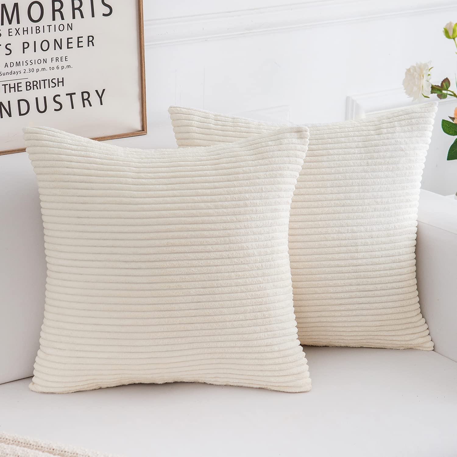 Yonous Corduroy Cushion Covers, Soft Square Decorative Throw Pillow Home Decor for Living Room Couch Bed Sofa, Set of 2 Pack, Cream White, 45x45 CM / 18x18 Inch — image 1