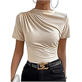 SweatyRocks Women's Ruched Mock Neck T Shirt Short Sleeve Fitted Summer Basic Tops