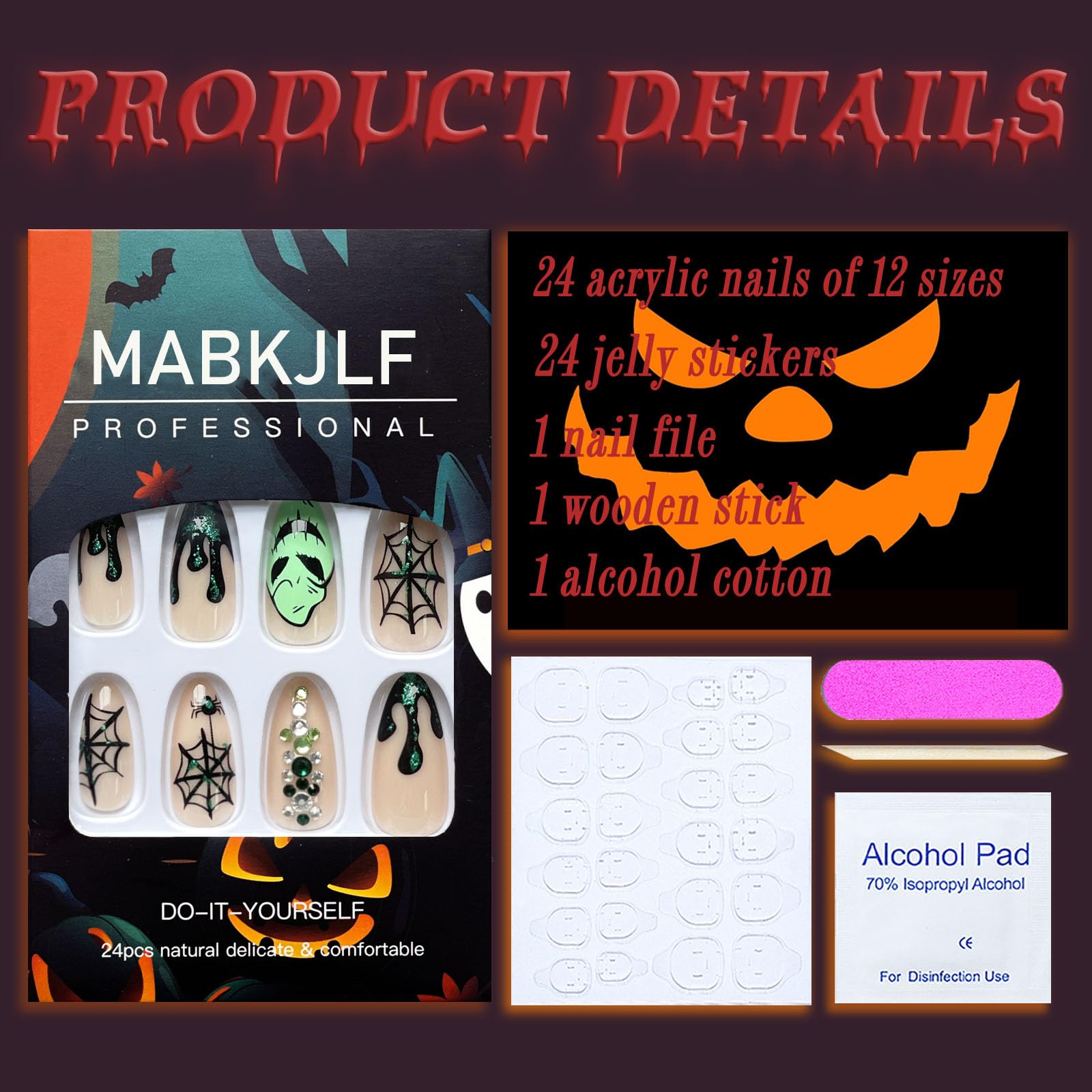 Halloween Press on Nails Medium Almond Fake Nails Nude Full Cover Green Spider Web Nightmare Christmas Nails Rhinestones False Nails with Designs Acrylic Artificial Nails for Women Girls 24Pcs - Image 2