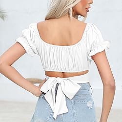 COOUFE Women's Crop Tops Ruffle Short Sleeve Tie
