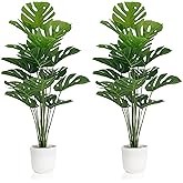 SAJANDAS Set of 2 Artificial Monstera Deliciosa Plants in Pots, Fake Tropical Trees with Greenery Leaves Stems, 32 Inch Faux 