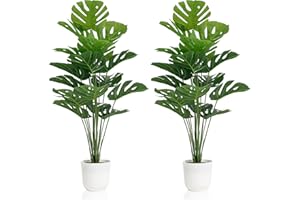 SAJANDAS Set of 2 Artificial Monstera Deliciosa Plants in Pots, Fake Tropical Trees with Greenery Leaves Stems, 32 Inch Faux 