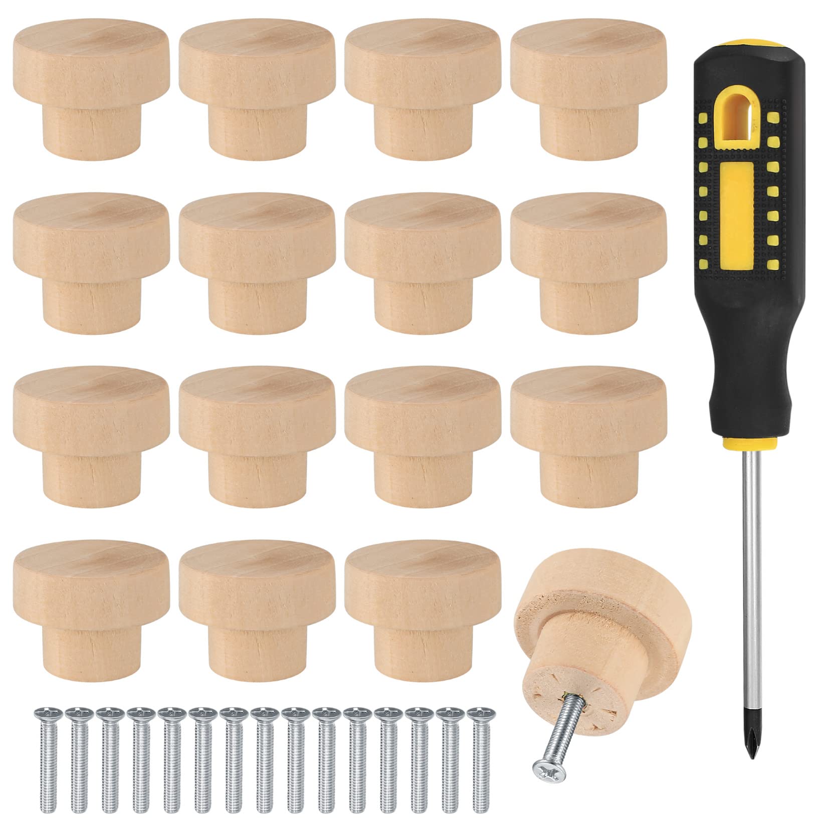Vwoqiy 16 Pcs Wooden Drawer Cupboard Knobs, Wood Cabinet Door Knobs, Round Wooden Door Knob Handles for Furniture Wardrobe Dresser Pulls Knob, 1.4 Inch, with Screwdriver