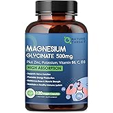 NATURE TARGET Magnesium Glycinate 500mg, Chelated Magnesium with Zinc & Vitamin D3 for Muscle, Nerve & Bone, Support Heart Health & Leg Cramp, Strength Immune System - 120 Capsules