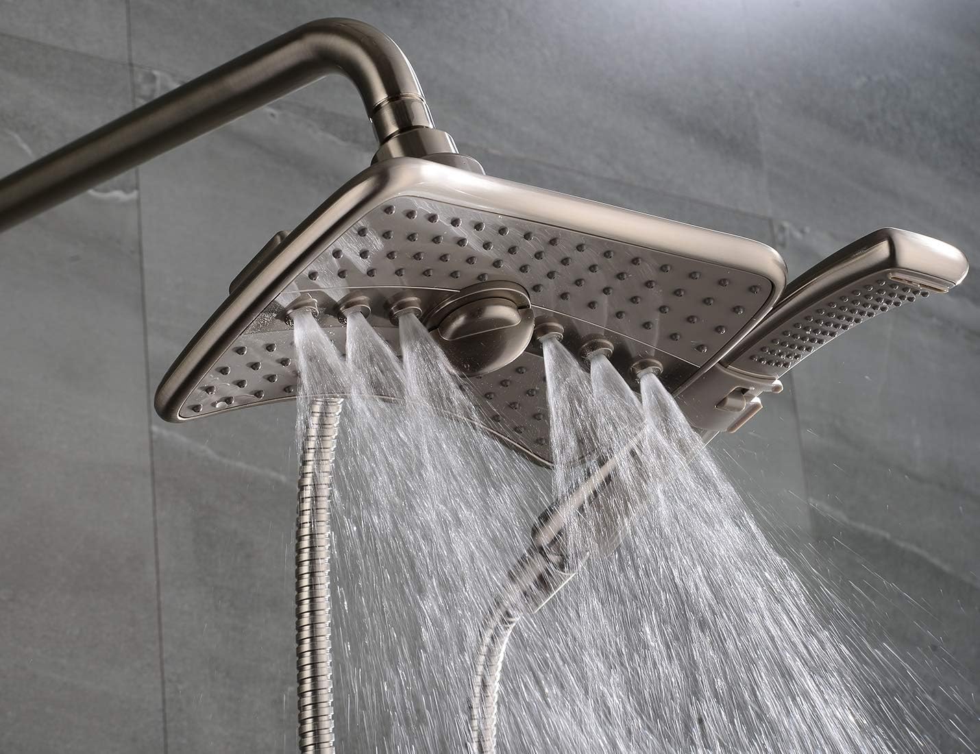 Brushed nickel Shower heads combo with two spray setting fixed shower head and two spray settings handheld shower head with grey face - - 