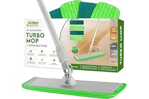 Turbo Microfiber Mop Floor Cleaning System - 18-inch Dust Mop with 4 Reusable Pads for Hardwood and Tile, 360-Spin Floor Mop Head & Extendable Handle - Household Cleaning Tools