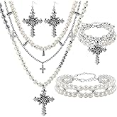 IXNEOP Layered Pearl Necklace Gothic Cross Pearl Stacked Necklace Bracelet Earrings for Women