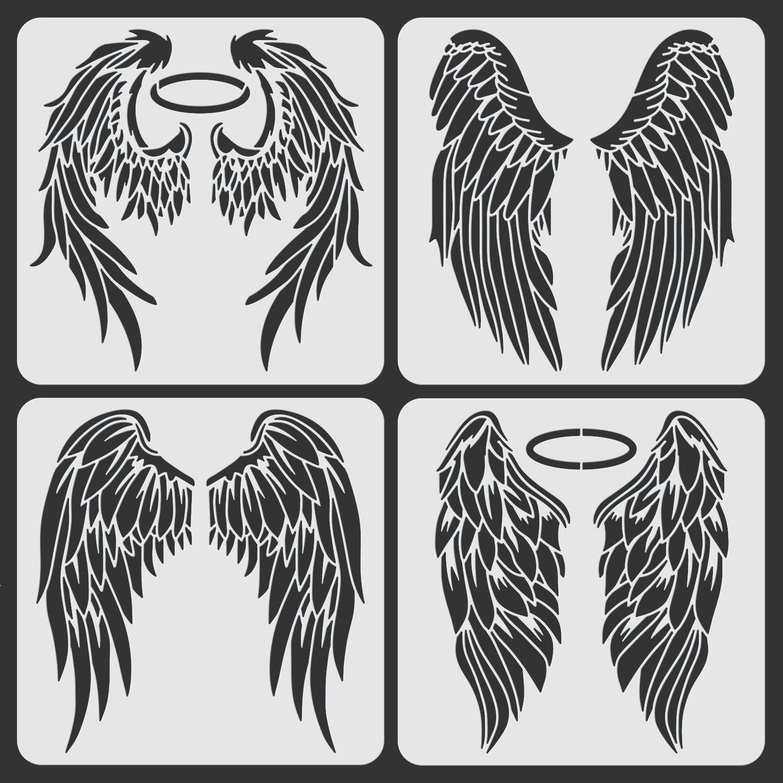 ORIGACH 4 Pcs Large Angel Wings Stencil for Painting - 30x30cm Wings Stencil Drawing Template for Painting on Wood, Canvas, Wall - Reusable Template for Home Decor DIY Craft Art Gift