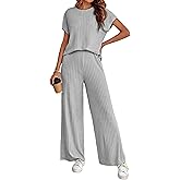 LTSCNRM Women's 2two Piece Outfits Sweater Sets Casual Loose Knit Crewneck Short Sleeve Tops Wide Leg Pants