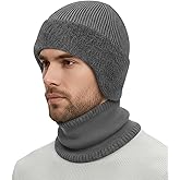 Bencailor Winter Knit Beanie with Earflap Neck Warmer Scarf Set, Thick Windproof Fleece Lined Beanie Scarf Set for Men Women
