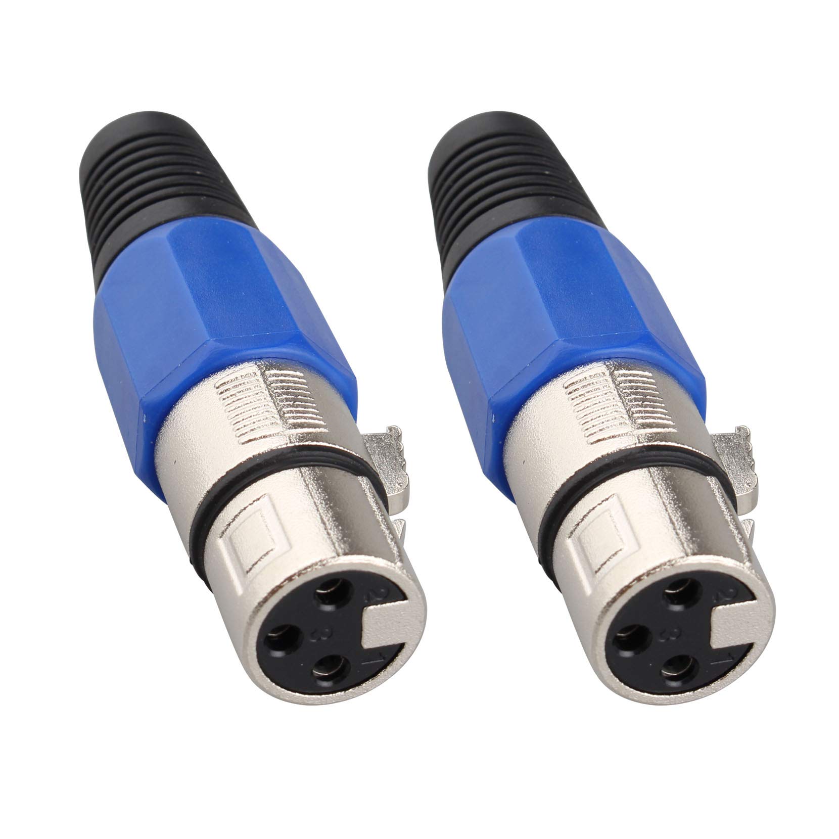 Jopto 2PCS XLR 3 Pin Female Microphone Solder Termination Socket Metal Female XLR Jack Socket Plug Professional Audio Connector Blue/Black/Silver Tone With Blue Strain Relief