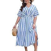 Keluummi Plus Size Summer Maxi Dresses for Curvy Women, Causal Boho Floral V Neck Empire Waist Dress with Pocket and Slit