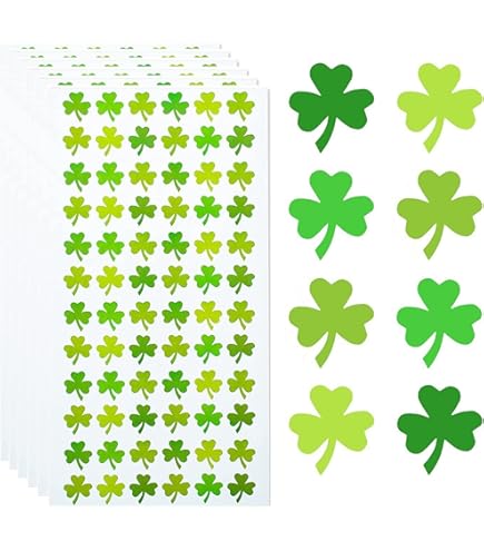 Whaline 1000Pcs St. Patrick's Day Shamrock Stickers Roll - 8 Cute Cartoon Designs, 1.5 Inch, Self-Adhesive Green Clover Decals