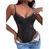 SHENHE Women's Floral Lace Spaghetti Strap Sheer Mesh Sleeveless Cami Bodysuit Tops