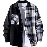 OYOANGLE Men's Colorblock Plaid Print Button Down Long Sleeve Pocket Collared Shirts Top