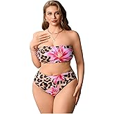 RoseSeek Women's Plus Size Floral Leopard Bandeau Swimsuits High Waisted Bikini Set 2 Piece Bathing Suits