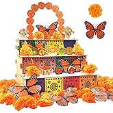Dia De Los Muertos Decoration Dia De Los Muertos Ofrenda Altar Kit, Wooden Day of The Dead Altar Shadow Box with Photo Frame, 30 Marigold Flowers, 10 Monarch Butterflies for Day of the Dead Home Decor