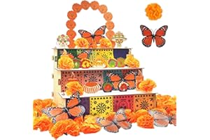 AMIATALO Dia De Los Muertos Decoration Dia De Los Muertos Ofrenda Altar Kit, Wooden Day of The Dead Altar Shadow Box with Photo Frame, 30 Marigold Flowers, 10 Monarch Butterflies for Day of the Dead Home Decor