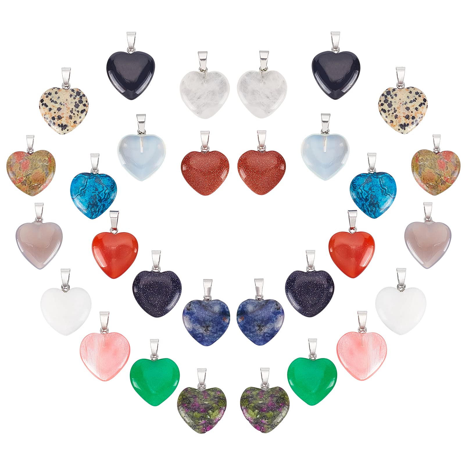 SUNNYCLUE 1 Box 30pcs 15 Colors Heart Shaped Stone Pendants Charms Colorful Natural Energy Healing Crystal Mixed Stone Chakra Gemstone Jasper Cherry Quartz Jade Agate for Jewelry Making Crafts