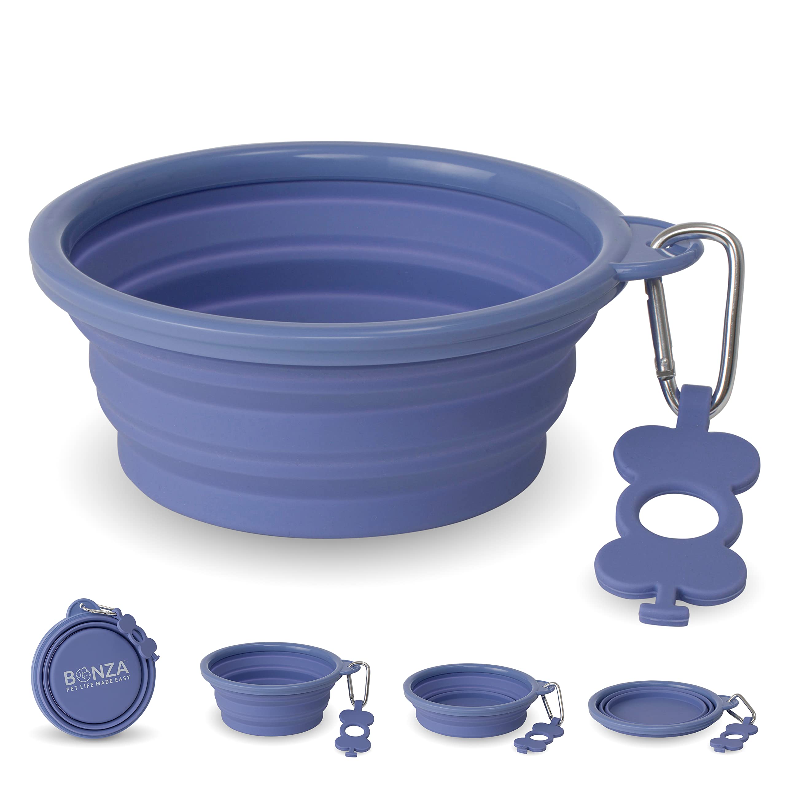 Bonza Medium Collapsible Dog Bowl 750 mL, Sturdy Reinforced Rim, Includes Carabiner & Water Bottle Holder Keychain, Periwinkle
