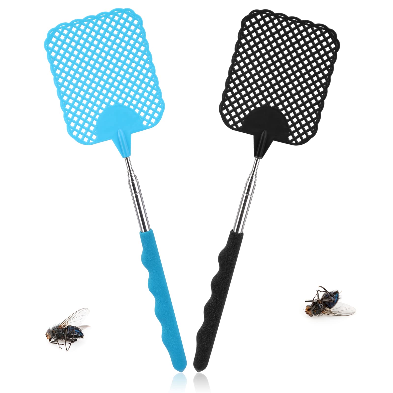 TAKUZA Fly Swatter Pack of 2, Extendable Pest Control, with Integrated Mosquito Scraper, for Used to Repel Flies, Wasps, Mosquitoes and Other Insects (Black, Blue)