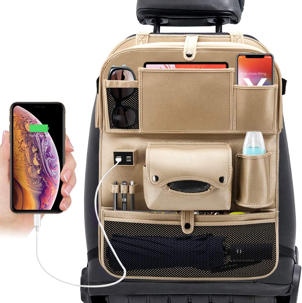MotorFansClub Car Back Seat Organizer, PU Leather Auto Car Pocket Organizer Storage Bag Laptop Ipad Mobile Table Holder Tray 4 USB Charging Port