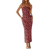 ZESICA Women's 2026 Summer Floral Strapless Maxi Dress Bodycon Tube Side Slit Mesh Wedding Guest Cocktail Party Long Dresses