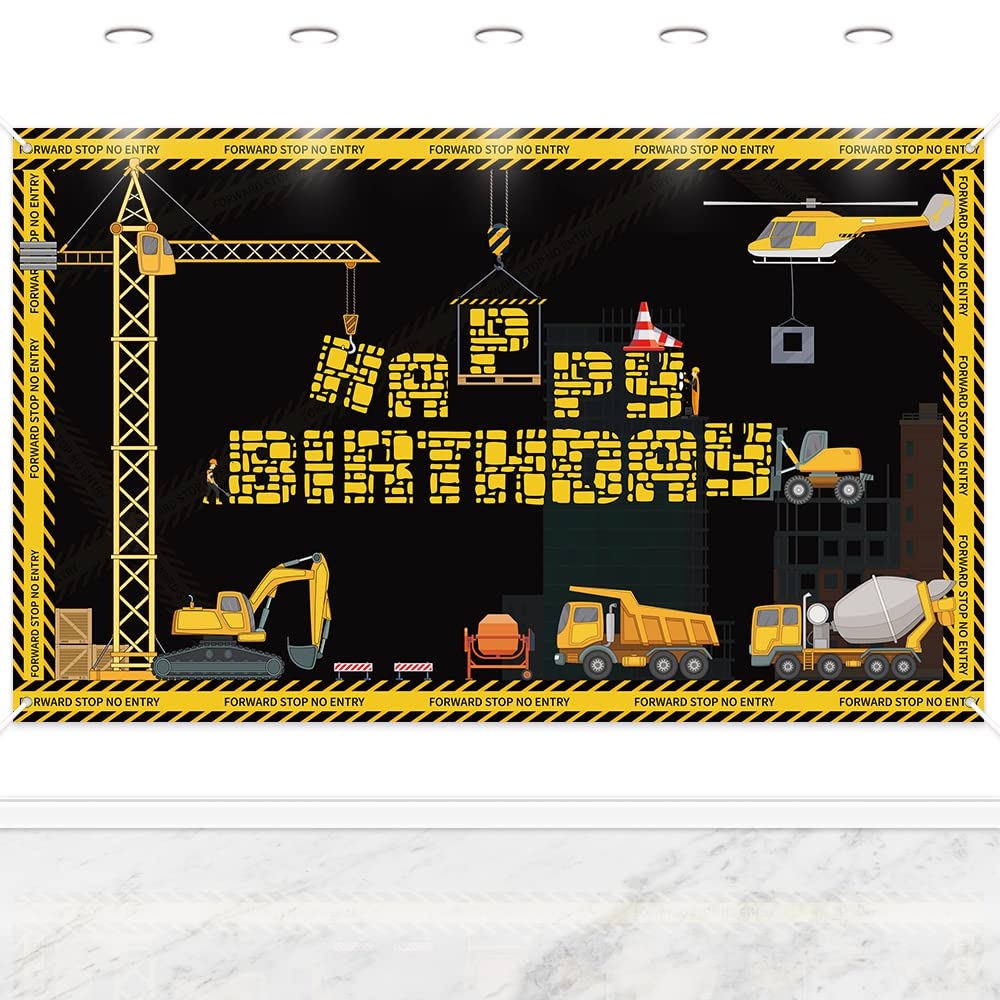 Construction Theme Backdrop, 180x110cm Dump Truck Happy Birthday Backdrop for Boy Kids, Construction Birthday Banner, Excavator Construction Theme Photography Background Party Supplies