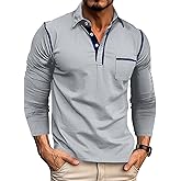 Men's Casual Polo Shirts Classic Long Sleeve Basic Button T-Shirt Lightweight Cotton Golf Tops with Pocket