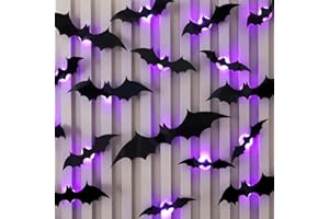 Odewhine 36 PCS LED Bats Halloween Decoration 3D Wall Stickers, Constant Bright Purple Light Halloween Bats Wall Decor for Indoor Wall Window Party Decorations