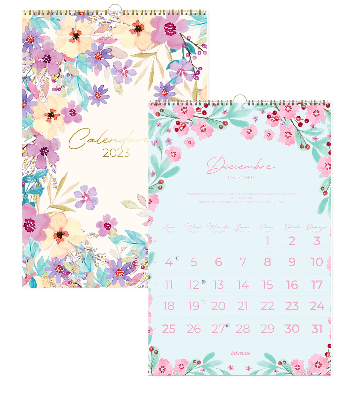 Takenote - Wall Calendar January 2023 December 2023-28 pages - Measures 32 x 47 cm - Bilingual: Spanish - English - Flowers