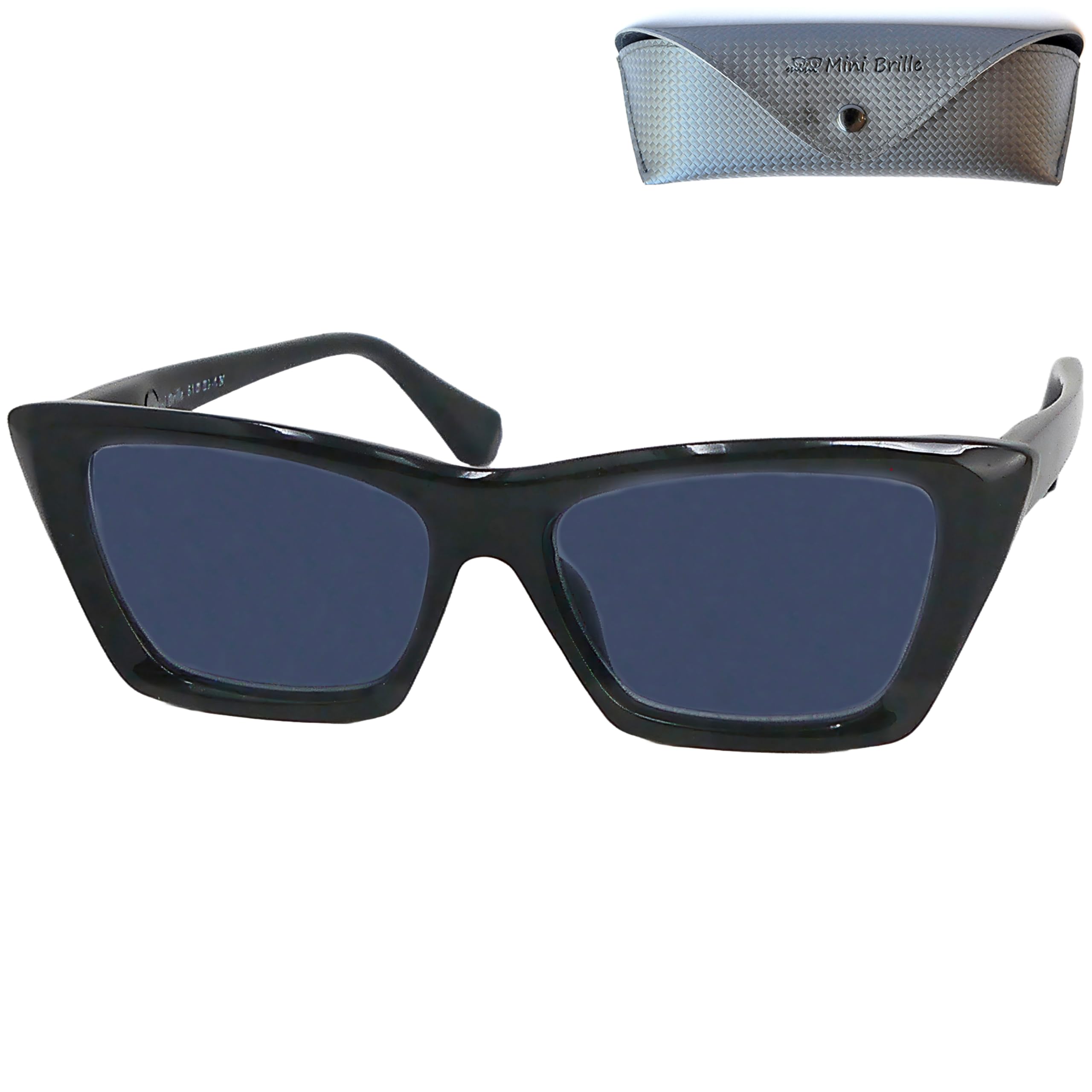 Mini Brille - Sun Reading Glasses for Women Cat-Eye Rectangular, Case,Thick Plastic Frame (Black), Sunglasses + 2.00 Magnification