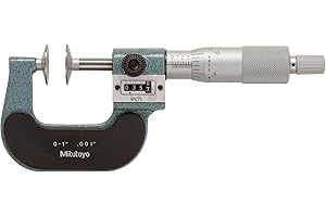 Mitutoyo 223-125 Disk Outside Micrometer, 0 to 1" Range, 0.001" Graduations, Mechanical Digit Counter, Rotating Spindle, Ratcheting Thimble Stop, Inch