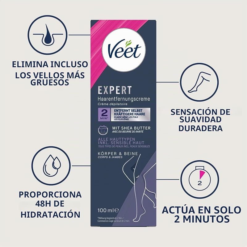 Veet Expert - Creme para depilação de pelos corporais e de pernas, para todos os tipos de pele, inclui pele sensível, 100 ml