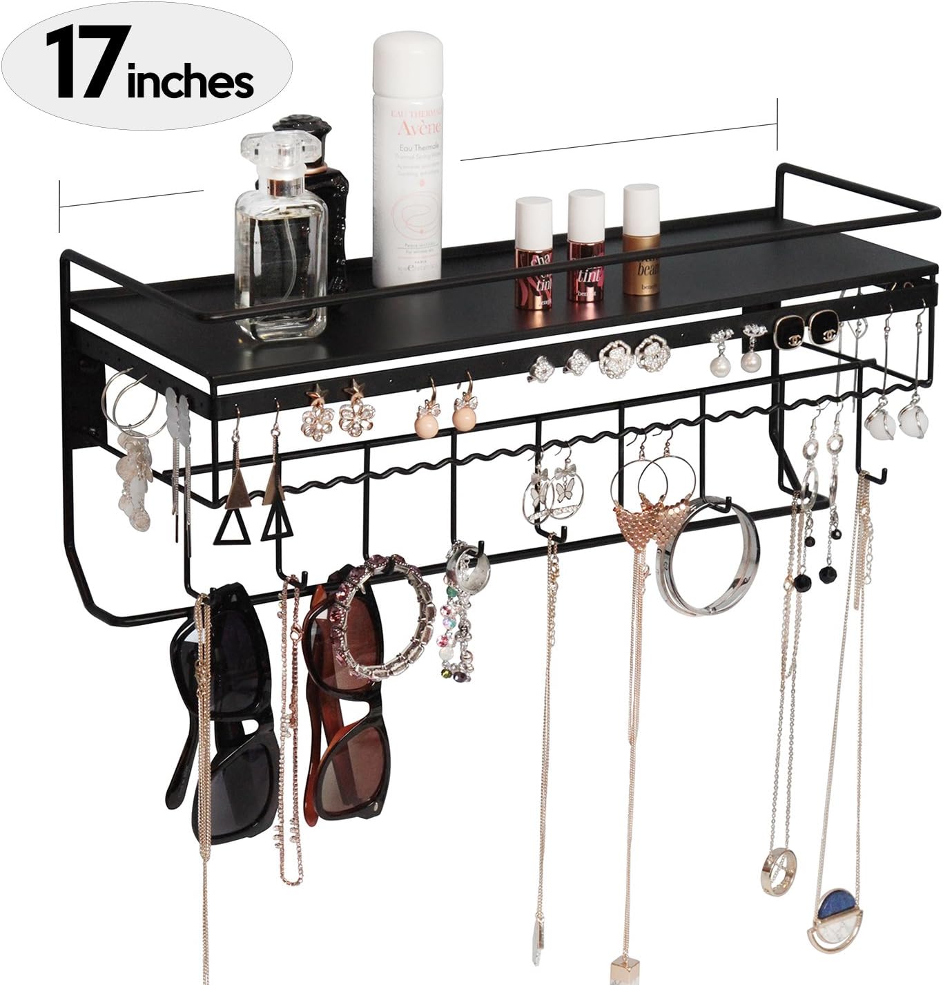 JackCubeDesign Wall Mounted classic Black Iron Designer made Cosmetics Storage Shelf w/Necklace Jewellery Organiser Shelf Earrings Holder - Image 3