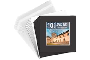 Golden State Art, Pre-Cut Picture Mat Kit for Photo, White Core Bevel Cut Mattes, Backing Boards and Clear Bags, Black, 12x12