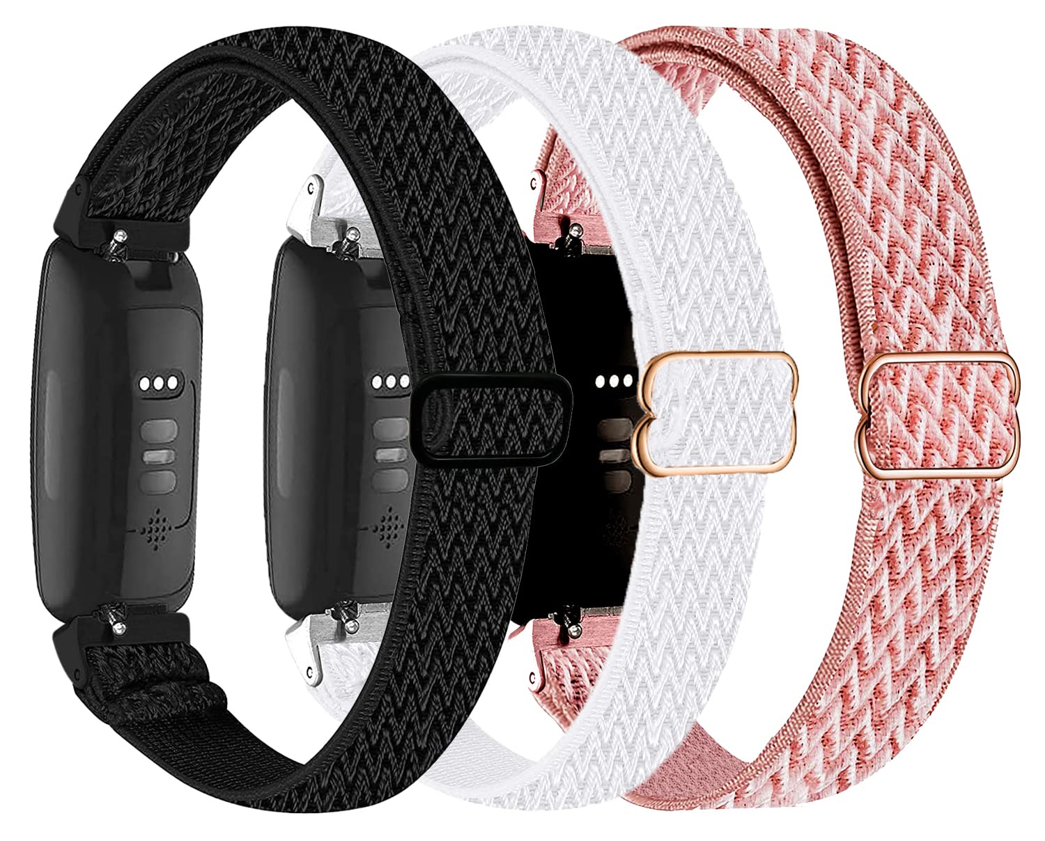 Nigaee 3 Pack Elastic Nylon Straps Compatible with Fitbit Inspire 3/Inspire 2/Inspire/Inspire HR/Fitbit Ace 3/Ace 2 Strap, Stretchy Adjustable Fabric Breathable Replacement, Black + Pink + White — image 1