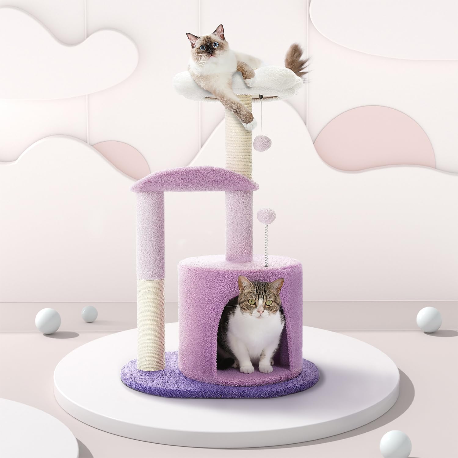 Photo 1 of PAWZ Road Cat Tree,32 Inches Purple Flower Cat Tower with Sisal Covered Scratching Post, Cozy Condo, Plush Perches and Fluffy Balls for Indoor Cats